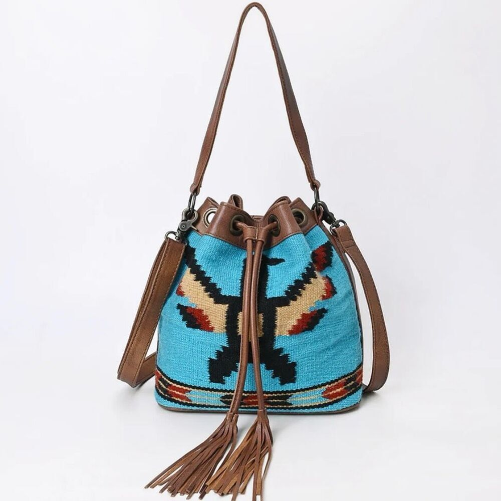 New Western Woven Thunderbird Leather Bucket Handbag Womens Drawstring Purse